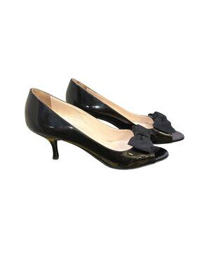 Prada Black Patent Leather Peep Toe Heels w/Bow Accent Size 7